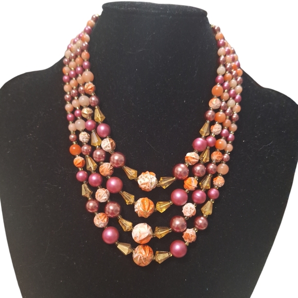Vintage Japan Four Strand Necklace 14-17" Multi Pink Graduated Beads Hook Clasp - Picture 1 of 6